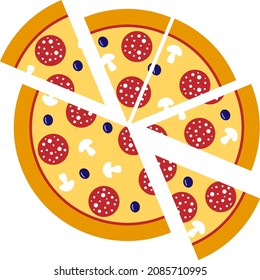 Pizza slice vector, Italian food pizzeria isolated icon. An appetizer with mushrooms, salami, and olives. Vector illustrations for the pizzeria menu.