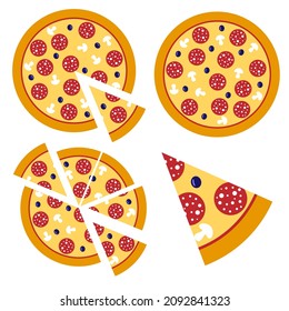 Pizza slice vector, Italian food pizzeria isolated icon. An appetizer with mushrooms, salami, and olives. Vector illustrations for the pizzeria menu.