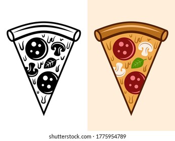 Pizza slice vector objects in two styles monochrome and colored isolated illustration