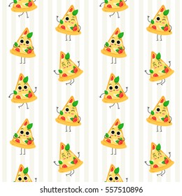 Pizza slice, vector seamless pattern with cute fast food characters on stripy background