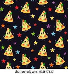 Pizza slice, vector seamless pattern with cute fast food characters on dark background with colorful stars