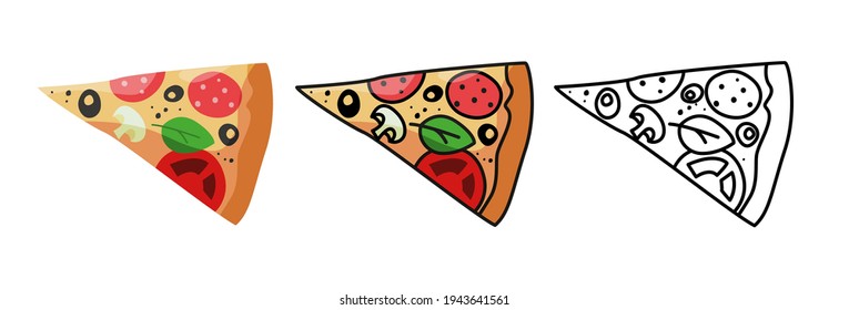 Pizza Slice Vector Set on white background. Pizza Set Design Image. Colored and uncolored Pizza with tomato, cheese, olive, sausage, basil. Traditional italian food. Top view. European snack. Isolated