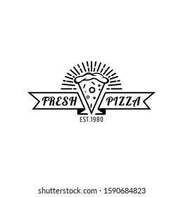 Pizza slice vintage logo design, pizzeria logo template, retro line art logo style