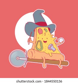 Pizza slice witch vector illustration. Halloween, party, food, design concept