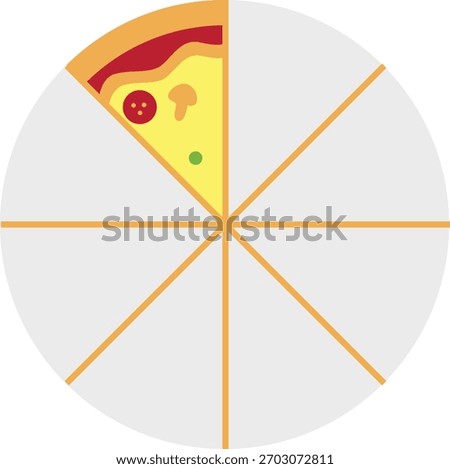 A pizza sliced into eight equal parts with one selected to represent one-eighth, ideal for teaching fractions, math lessons, classroom visuals, and educational worksheets.