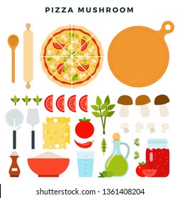 Pizza With Sliced Mushrooms And All Ingredients For Cooking It. Make Your Pizza. Set Of Products And Tools For Pizza Making. Everything For Dough, Filling And Sauce. Vector Illustration In Flat Style.