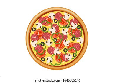 Pizza with sliced tomatoes mushrooms salami sausage onion bell pepper black olives and cheese. Italian fast food isolated vector illustration