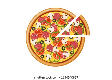 Pizza with sliced tomatoes mushrooms salami sausage onion bell pepper black olives and cheese. Italian fast food isolated vector eps illustration