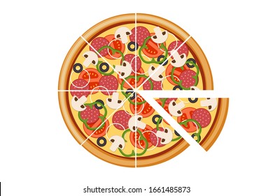 Pizza with sliced tomatoes mushrooms salami sausage onion bell pepper black olives and cheese. Italian fast food meal isolated vector eps illustration