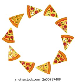 Pizza slices arranged in a circular frame. Round frame vector illustration. 