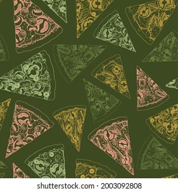 Pizza slices background. Linear graphic. Snack collection. Engraved seamless pattern. Vector illustration.
