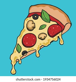 Pizza slices of basil, mushrooms, salami, olives and cheese