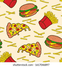 Pizza slices, burgers, french fries seamless pattern. Vector wallpaper. Fast food background. 