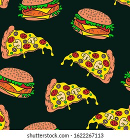 Pizza slices and burgers isolated on dark green background. Fast food seamless pattern. Vector wallpaper. 