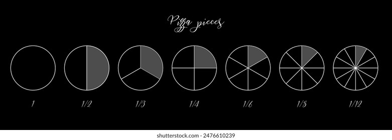 Rebanadas de pizza. Circle pie dividido en segmentos de 1 a 12 aislado sobre fondo negro. Forma redonda cortada en partes iguales en estilo de contorno.