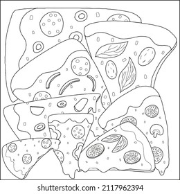 Pizza slices coloring page. Vector hand drawn illustration.