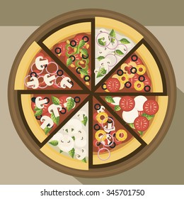 Pizza slices with different fillings.Vector illustration