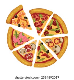 Pizza slices with different ingredients, vegetables, shrimp, tomatoes, pine cone, pepperoni, arugula, chili, mushrooms. Vector illustrations