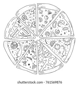 Pizza slices of different kinds: pepperoni, sea food, chilie, bacon. Vector illustration doodle on white background