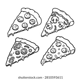 Pizza slices doodle vector set. Hand-drawn line art pizzeria food elements isolated on white background. Vector illustration set of various delicious pizza slices with melting cheese. Features pepperoni, mushroom pizza (funghi), vegetarian pizza with tomatoes, bell peppers and olives. Minimalist black line art doodle style, perfect for pizzeria menus, Italian restaurant branding, cafe packaging, delivery service flyers, and cooking blogs. All elements are isolated on a white background.