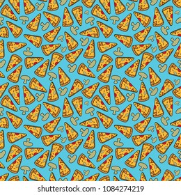 Pizza slices are drawn on a blue background. Seamless pattern.