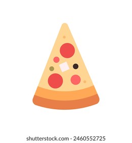 Pizza slices, fast food menu, pizza in cardboard box, italian hot fast food and slice with melting cheese, triangle cut piece, pepperoni pieces flat vector illustration isolated on white background.