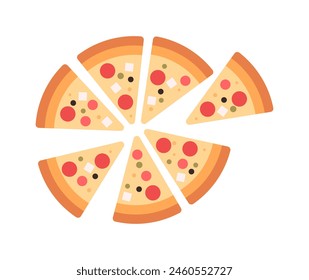 Pizza slices, fast food menu, pizza in cardboard box, italian hot fast food and slice with melting cheese, triangle cut piece, pepperoni pieces flat vector illustration isolated on white background.