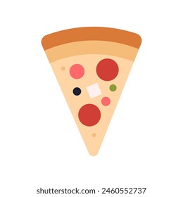 Pizza slices, fast food menu, pizza in cardboard box, italian hot fast food and slice with melting cheese, triangle cut piece, pepperoni pieces flat vector illustration isolated on white background.