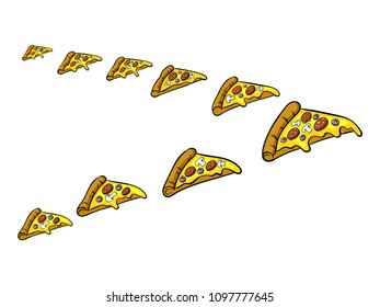 Pizza slices fly like flock of birds pop art retro vector illustration. Isolated image on white background. Comic book style imitation.