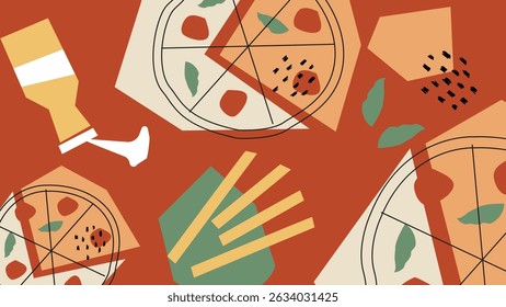 Pizza slices, fries, sauce, and herbs on red base. Perfect for fast food branding, snack-themed marketing, and delivery promotions.