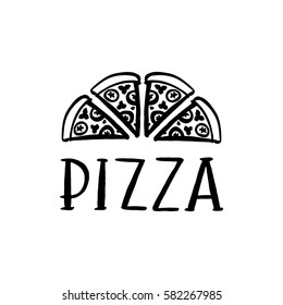 Pizza slices and hand-drawing inscription: Pizza, on a white background. It can be used for menu, sign, banner, poster and other promotional marketing materials. Vector Image. 