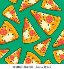 Pizza slices with herbs, tomatoes and cheese. Tasty Italian dish, snack or fast food for dinner or lunch. Takeaway delivery. Seamless pattern print, background or wallpaper. Vector in flat style