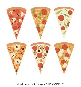 Pizza slices icon. Set of sliced pizza with titles on white background. Vector illustration isolated on white background.