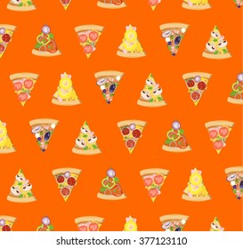 Pizza slices illustrations icons pizzeria wallpaper pattern with colorful elements and orange background