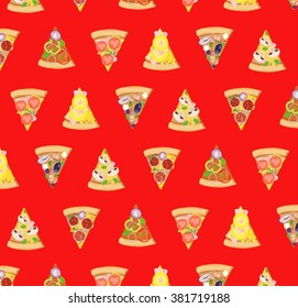 Pizza slices illustrations icons pizzeria wallpaper pattern with colorful elements and red background