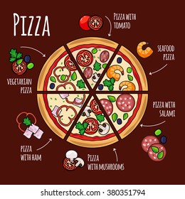 Pizza slices with pizza ingredients of different kinds. Image for pizza menu. Vector illustration