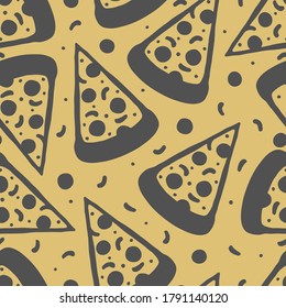 Pizza slices isolated on a cream background. Cute seamless pattern. Vector flat graphic hand drawn illustration. Texture.
