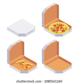 Pizza slices. Isometric carton packaging box with hot pizza. Vector 3d  illustration isolated on white background