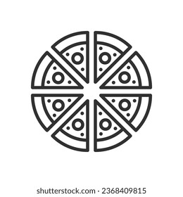 Pizza slices, linear icon. Cut pizza. Line with editable stroke