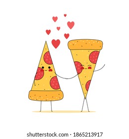 Las lonchas de pizza en el amor se toman de la mano. Tarjeta de San Valentín con estilo de tendencia dibujado a mano por los amantes del amor. tarjeta de saludo romántico. diseño para ropa o cubiertas. Ilustración de material vectorial