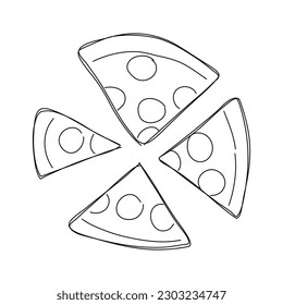 Pizza slices with melted cheese and pepperoni. Hand drawn vector illustration.