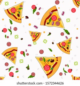 Pizza slices with mushrooms bacon olives tomatoes and peppers pattern on white background