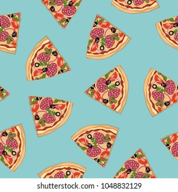 Pizza slices on a blue background. Seamless pattern. Pizza with salami, tomatoes and mushrooms. Vector illustration