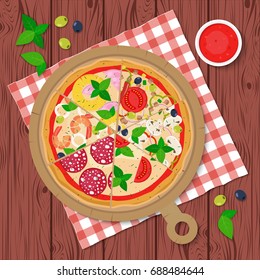 Pizza slices on the board. Pizza ingredients.