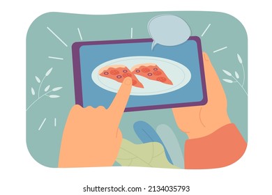 Pizza slices on tablet screen flat vector illustration. Man ordering fast food online using digital device and phone application. Food, delivery concept for banner, website design or landing web page