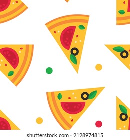 Pizza slices on a white background. Seamless vector texture. Vector Illustration. Pieces isolated on white. EPS10.