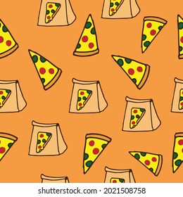 pizza slices with paper bag illustration on orange background. hand drawn vector. seamless pattern. take away pizza. doodle art for wallpaper, backdrop, textile, fabric, wrapping paper and gift.