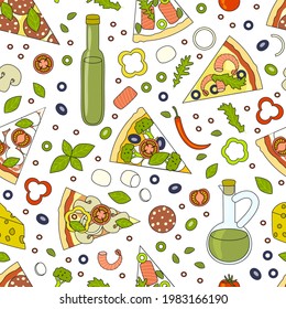 Pizza slices pattern - pizza and ingredients isolated on white - seamless background - pizzeria wallpaper