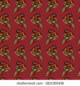 Pizza slices pattern on a red background, cartoon style, pizza margarita, cheese, tomatoes, dough, Italy, parsley, pizzeria, cafe, delicious, food, holiday, weekend, pattern, pattern, slice, piece