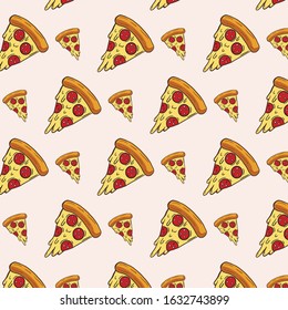 Pizza slices pattern. Vector ornament with pizza. Freehand color drawing in doodle style.